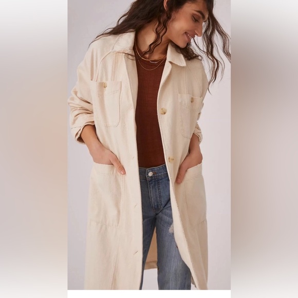 Anthropologie Pilcro Chore Duster Jacket Button Front Patch Pockets Ivory